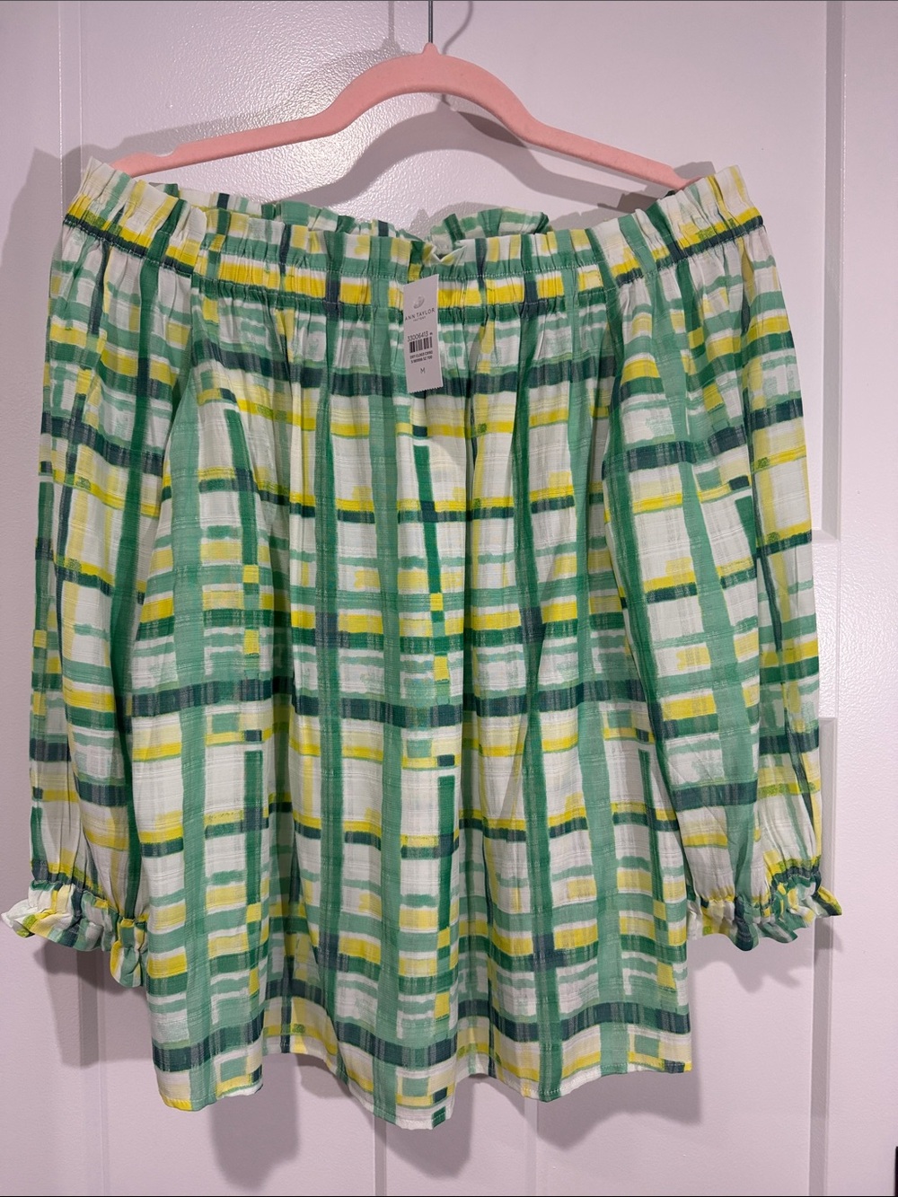 Ann Taylor Green, Yellow & White Plaid Off-Shoulder Top